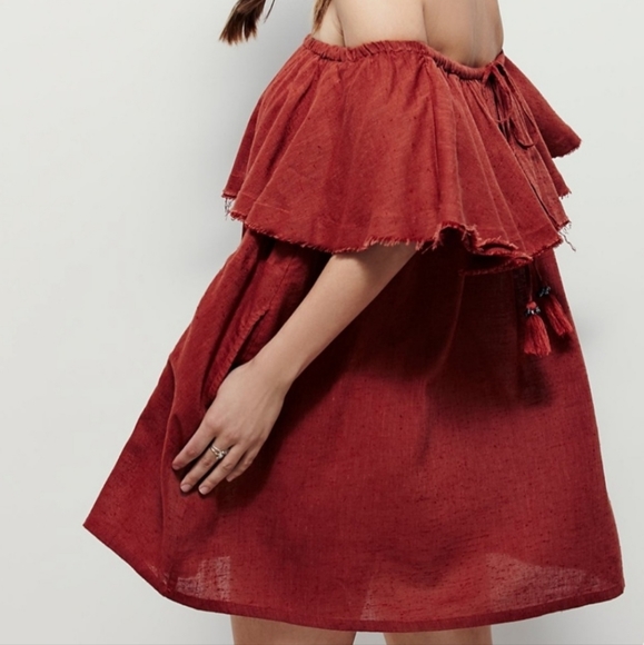 Wishlist Deep Red Boho Off The Shoulder Frayed Hem Swing Mini Dress S/M. - Picture 2 of 15